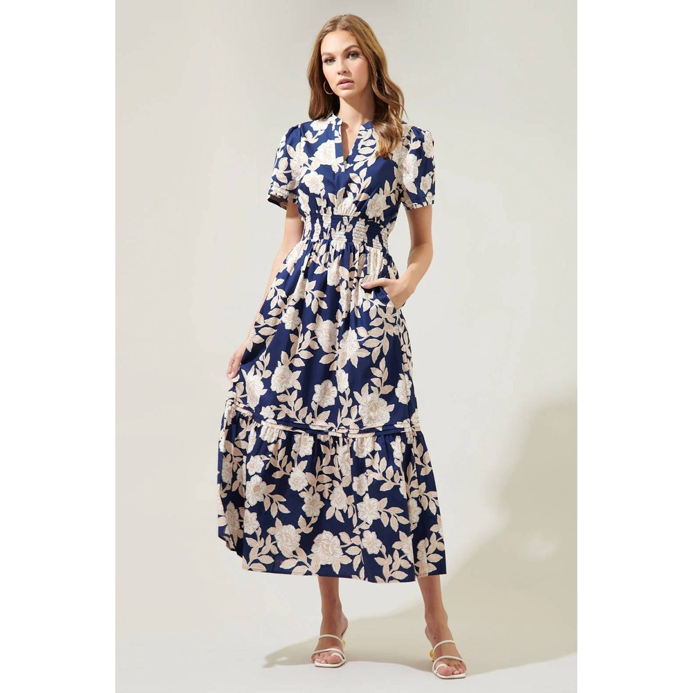 Baltic Born Navy and Cream Floral Maxi Dress